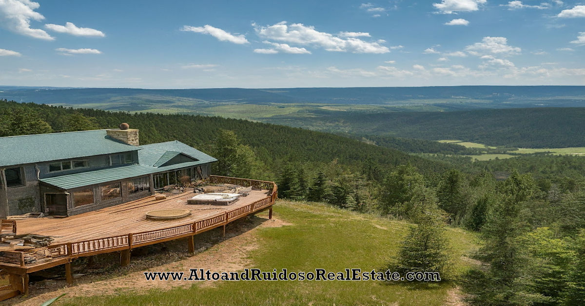 A split-level mountain home with a wraparound deck overlooking a valley with rolling hills and evergreen trees